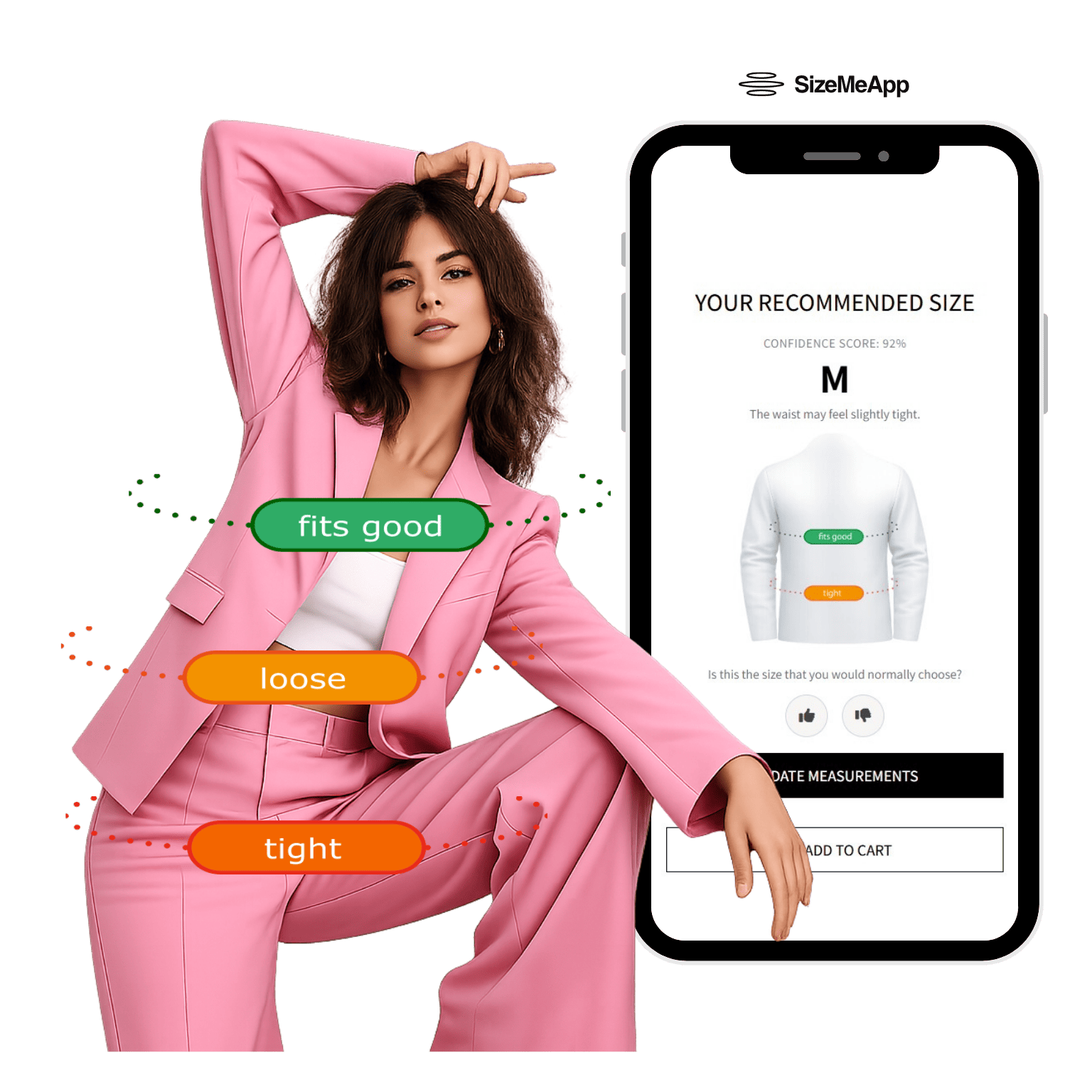Fit analysis shown across a woman's outfit